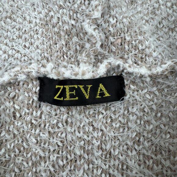 ZEVA Beige White Geometric Hooded Cardigan Sweater Coat Zip Front Pockets L - Picture 3 of 9